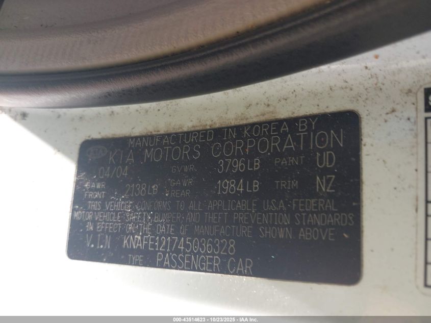 2004 Kia Spectra Ex/Lx VIN: KNAFE121745036328 Lot: 43514623