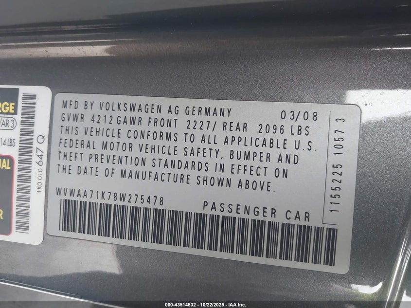 WVWAA71K78W275478 2008 VOLKSWAGEN GOLF photo no. 9