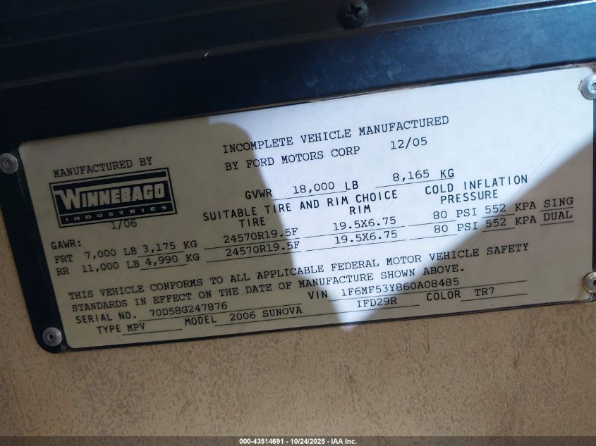 2006 Ford F550 Super Duty Stripped Chass VIN: 1F6MF53Y860A08485 Lot: 43514691