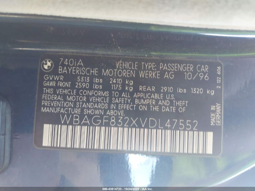 1997 BMW 740Ia VIN: WBAGF832XVDL47552 Lot: 43514723