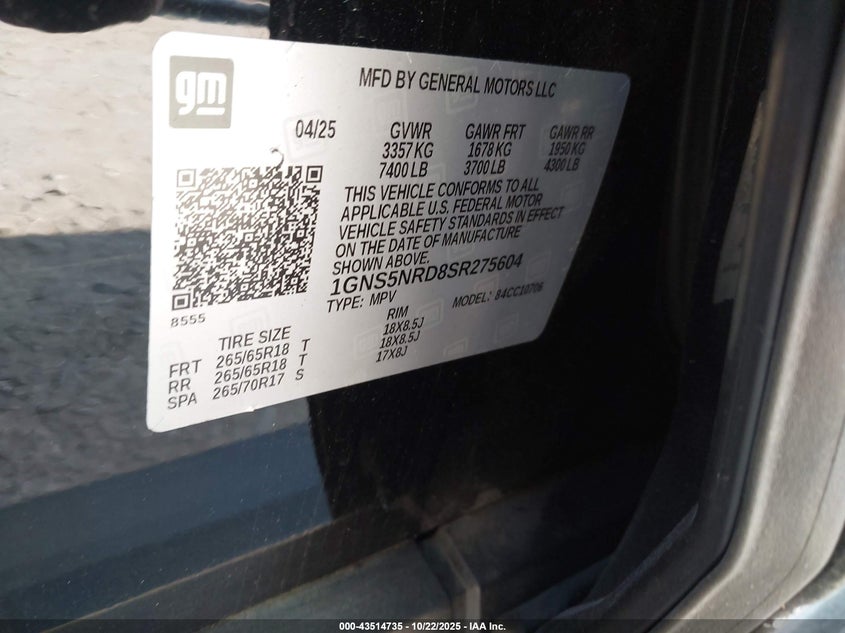 2025 CHEVROLET TAHOE 2WD LT 1GNS5NRD8SR275604