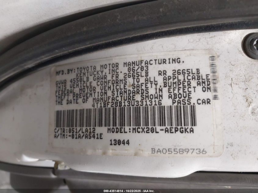 2003 Toyota Avalon Xls VIN: 4T1BF28B13U331316 Lot: 43514814