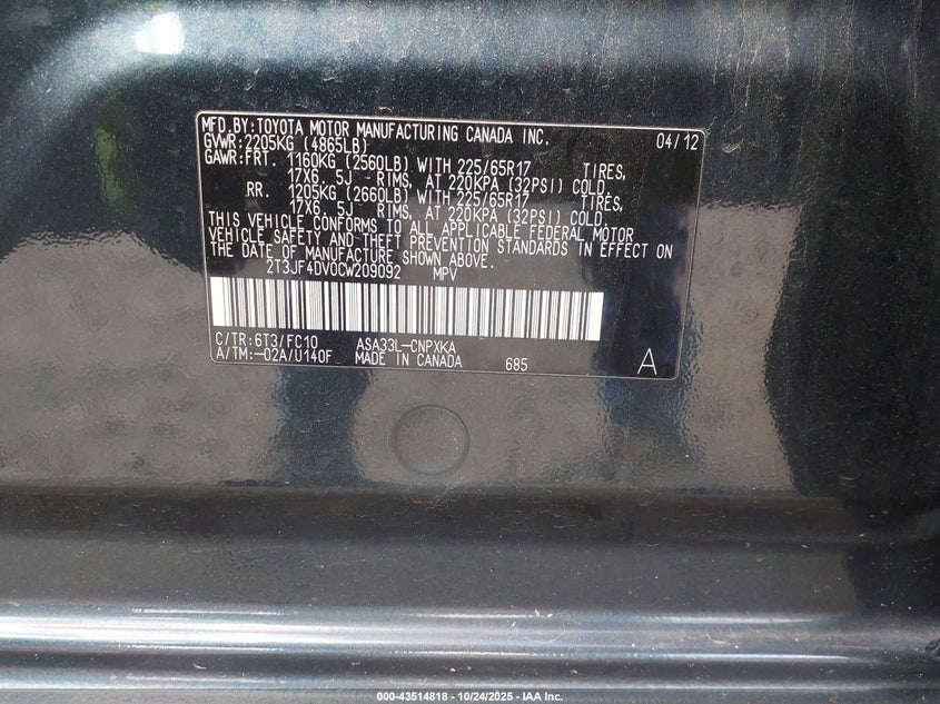 2T3JF4DV0CW209092 2012 TOYOTA RAV 4 photo no. 9