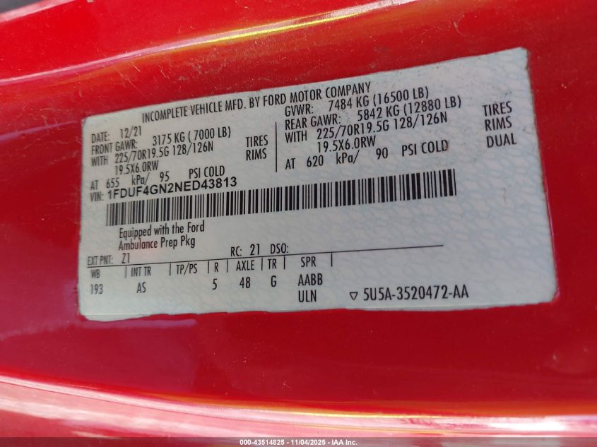 2022 Ford F450 Xl/Xlt VIN: 1FDUF4GN2NED4381 Lot: 43514825