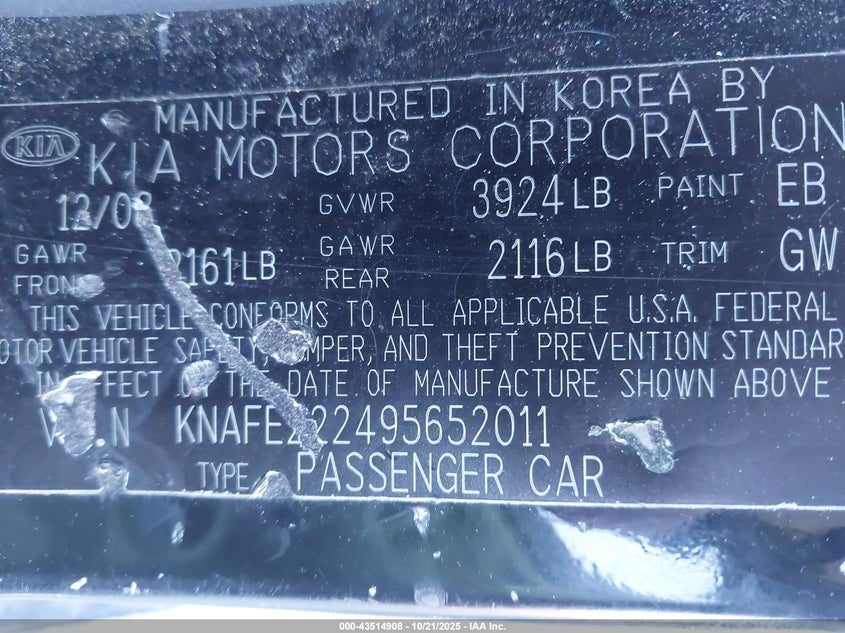 2009 Kia Spectra Ex VIN: KNAFE222495652011 Lot: 43514908