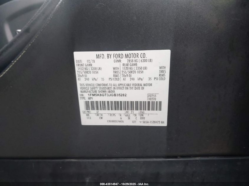 2018 Ford Explorer Sport VIN: 1FM5K8GT3JGB35282 Lot: 43514947
