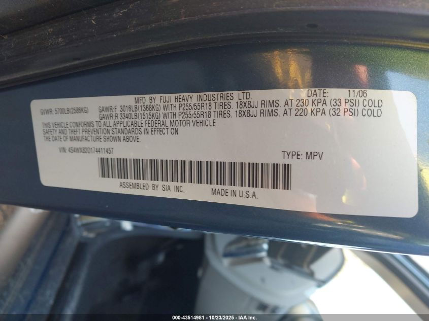 2007 Subaru B9 Tribeca Limited 5-Passenger VIN: 4S4WX82D174411457 Lot: 43514981