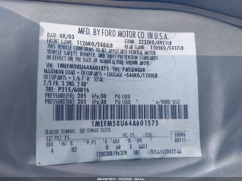 2004 Mercury Sable Gs VIN: 1MEFM58U64A601575 Lot: 43515013