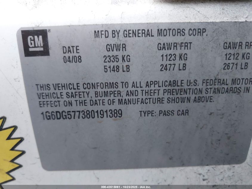 2008 Cadillac Cts Standard VIN: 1G6DG577380191389 Lot: 43515061