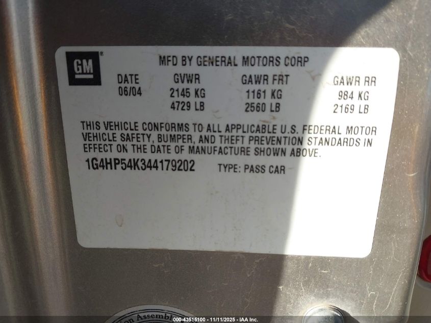 2004 Buick Lesabre Custom VIN: 1G4HP54K344179202 Lot: 43515100