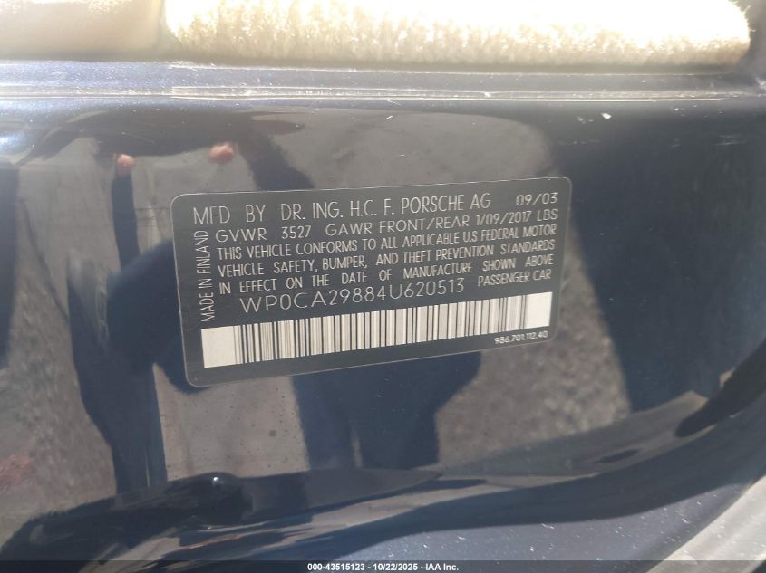 2004 Porsche Boxster VIN: WP0CA29884U620513 Lot: 43515123