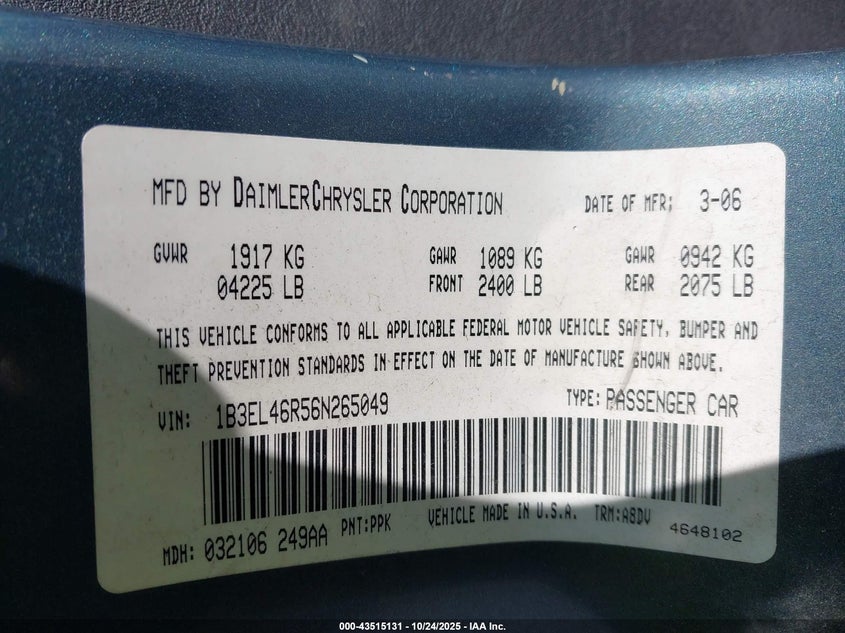 2006 Dodge Stratus Sxt VIN: 1B3EL46R56N265049 Lot: 43515131