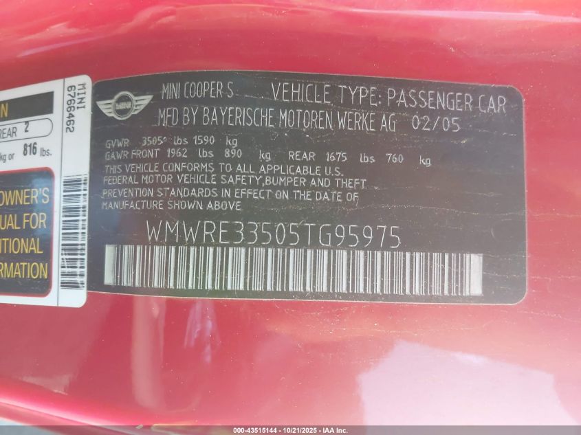 2005 Mini Cooper S VIN: WMWRE33505TG95975 Lot: 43515144