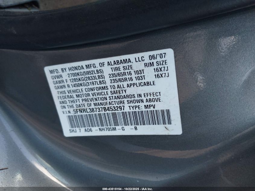 2007 Honda Odyssey Ex-L VIN: 5FNRL38737B453297 Lot: 43515154