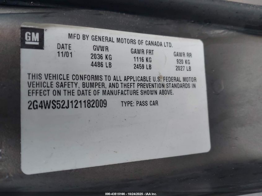 2002 Buick Century Custom VIN: 2G4WS52J121182009 Lot: 43515166