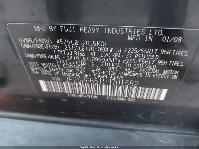 JF2SH66619H701582 2009 SUBARU FORESTER photo no. 9