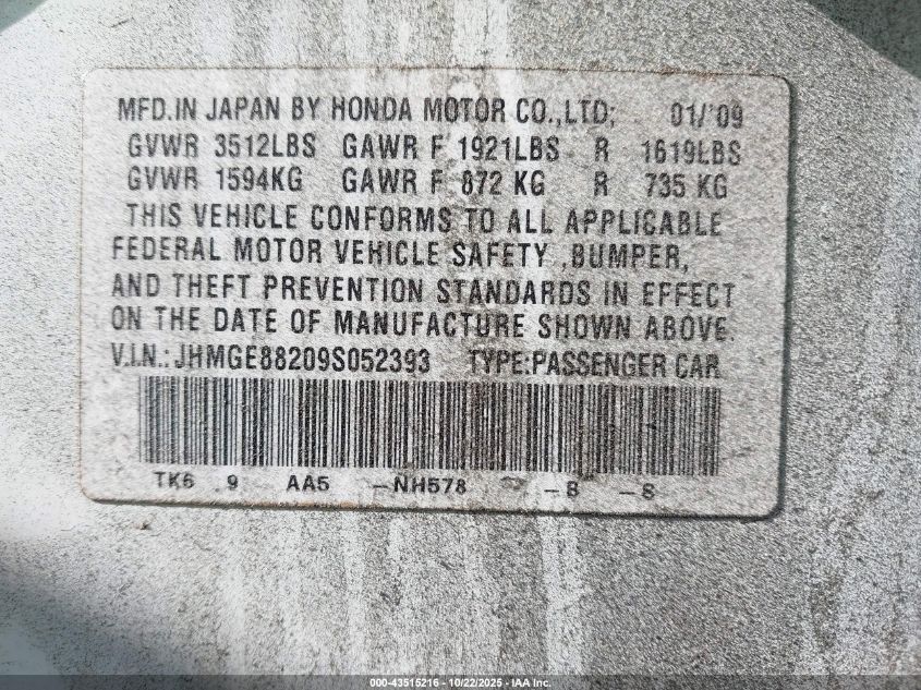 2009 Honda Fit VIN: JHMGE88209S052393 Lot: 43515216