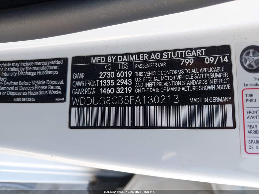 2015 MERCEDES-BENZ S 550 WDDUG8CB5FA130213