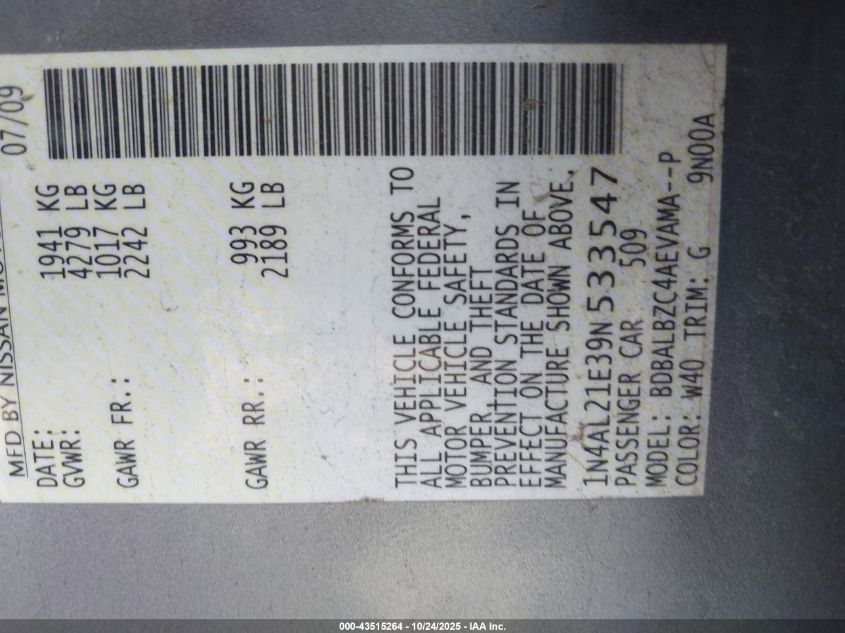 2009 Nissan Altima 2.5 S VIN: 1N4AL21E39N533547 Lot: 43515264