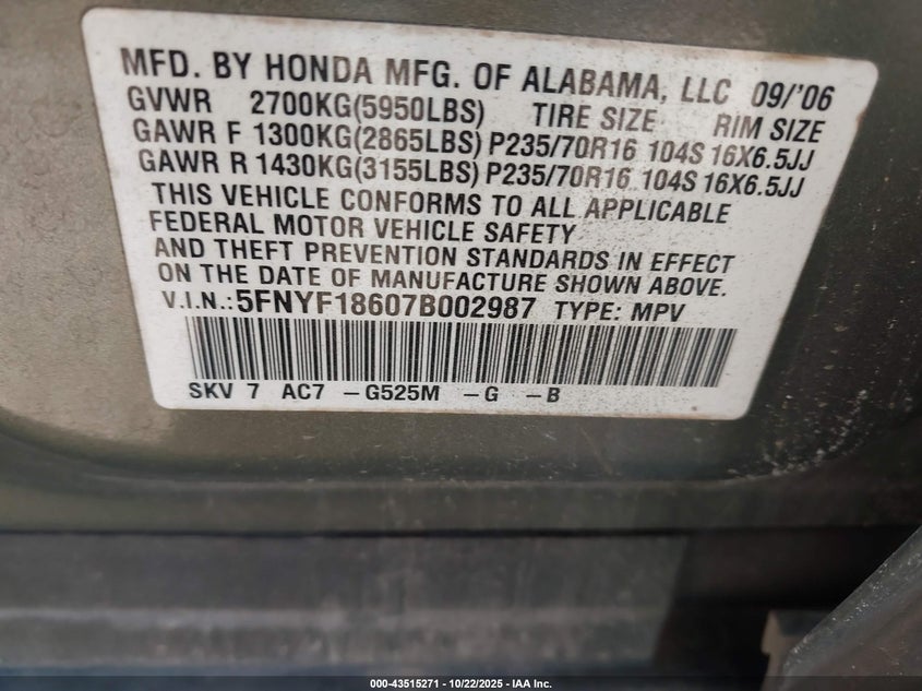 5FNYF18607B002987 2007 HONDA PILOT photo no. 9