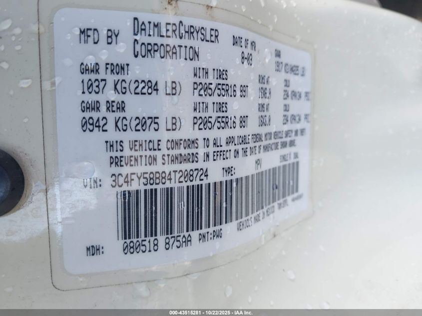 2004 Chrysler Pt Cruiser Touring VIN: 3C4FY58B84T208724 Lot: 43515281