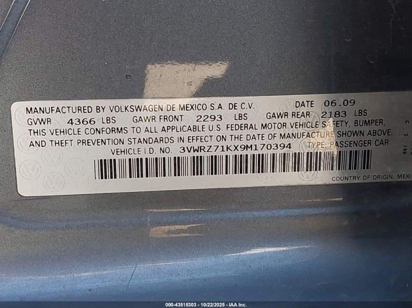 2009 Volkswagen Jetta Se VIN: 3VWRZ71KX9M170394 Lot: 43515303