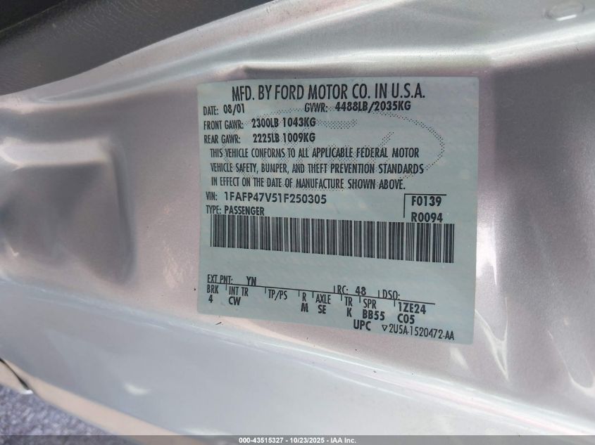2001 Ford Mustang Cobra VIN: 1FAFP47V51F250305 Lot: 43515327