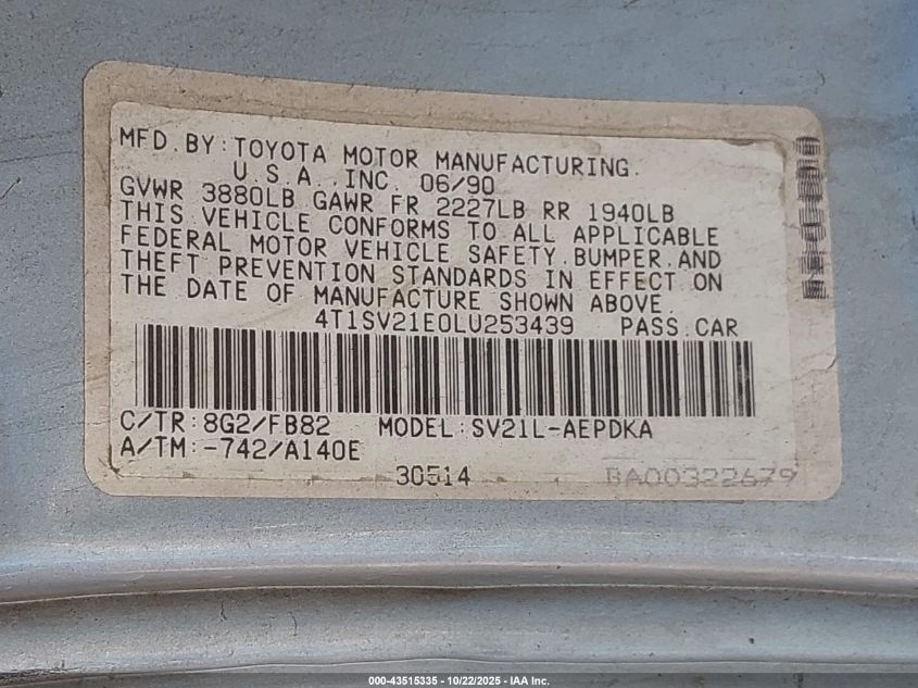 1990 Toyota Camry Dlx VIN: 4T1SV21E0LU253439 Lot: 43515335