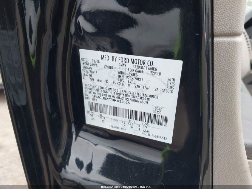 2009 Ford Escape Xls/Xls Manual VIN: 1FMCU02779KA22635 Lot: 43515356