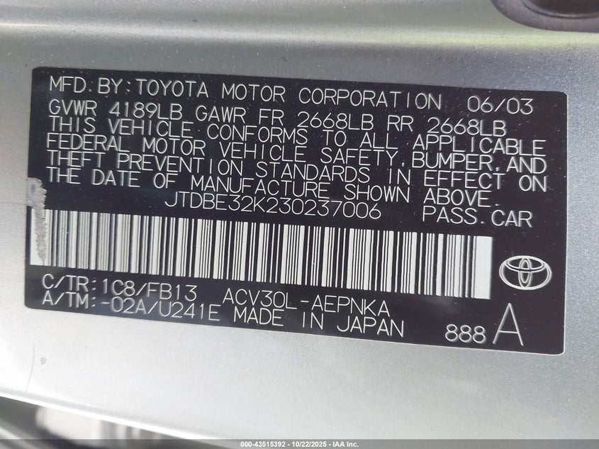 JTDBE32K230237006 2003 TOYOTA CAMRY photo no. 9