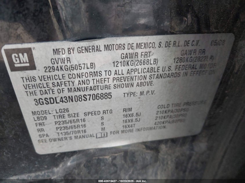 3GSDL43N08S706885 2008 SATURN VUE photo no. 9