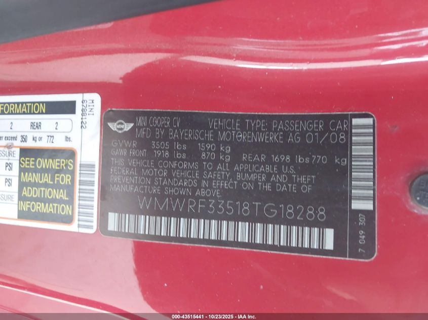 2008 Mini Cooper VIN: WMWRF33518TG18288 Lot: 43515441
