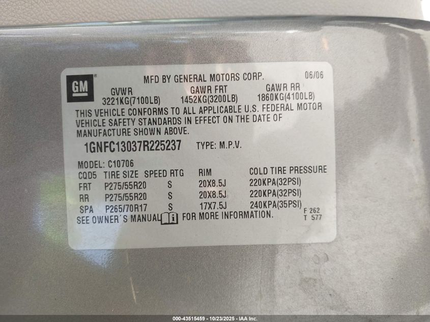 2007 Chevrolet Tahoe Ltz VIN: 1GNFC13037R225237 Lot: 43515459