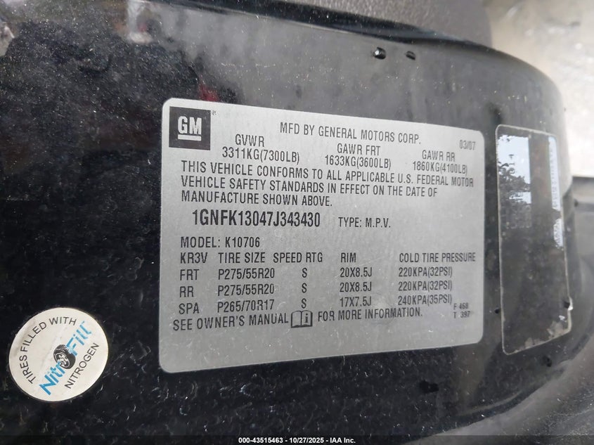 1GNFK13047J343430 2007 CHEVROLET TAHOE photo no. 9