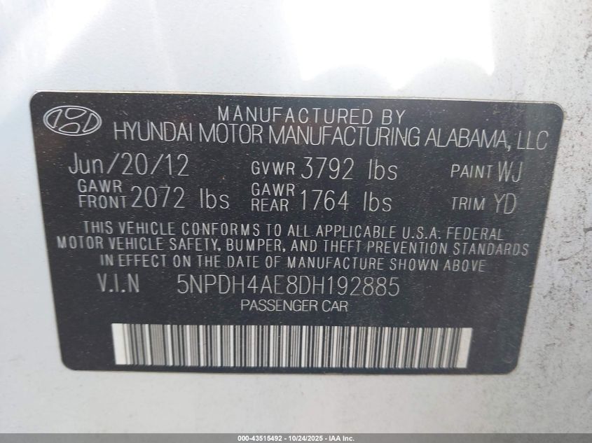 2013 Hyundai Elantra Gls VIN: 5NPDH4AE8DH192885 Lot: 43515492