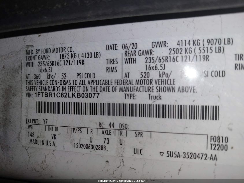 2020 Ford Transit-250 VIN: 1FTBR1C82LKB03077 Lot: 43515528