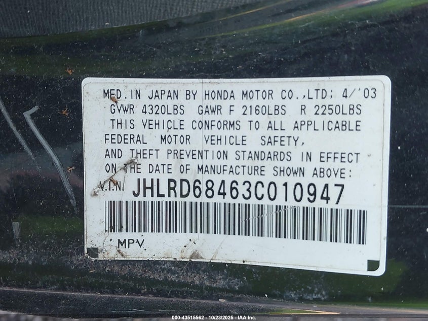 2003 Honda Cr-V Lx VIN: JHLRD68463C010947 Lot: 43515562