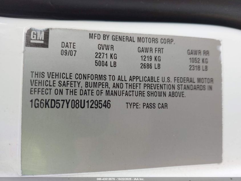 2008 Cadillac Dts 1Sa VIN: 1G6KD57Y08U129546 Lot: 43515576