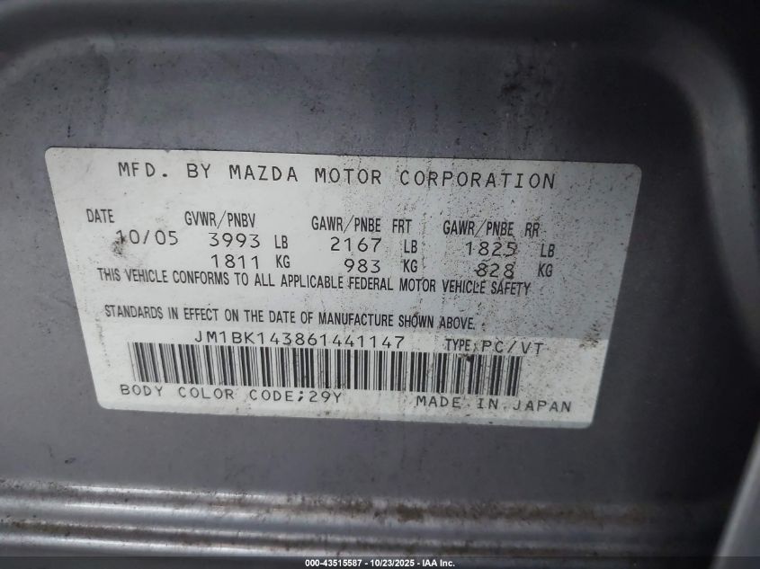 2006 Mazda Mazda3 S/S Grand Touring/S Touring VIN: JM1BK143861441147 Lot: 43515587