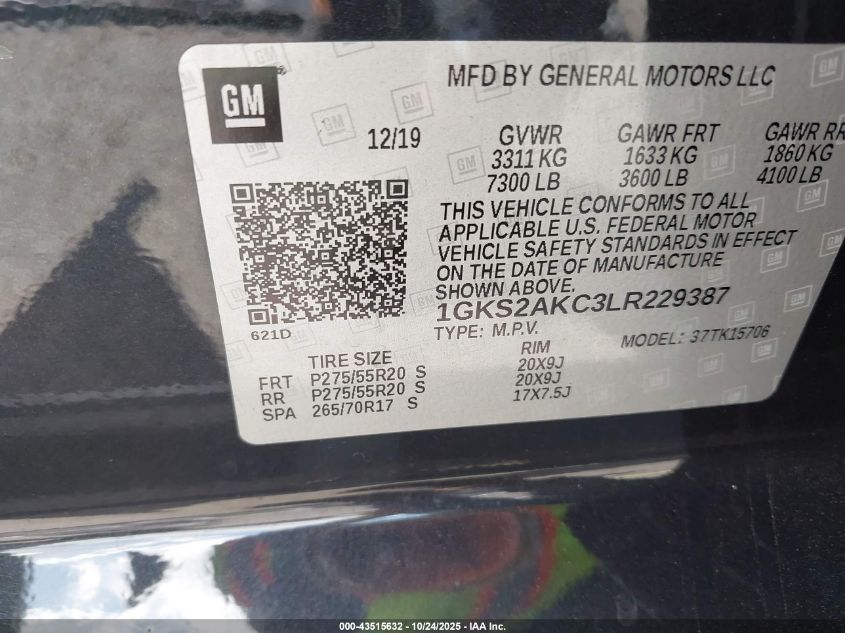 2020 GMC Yukon 4Wd Sle VIN: 1GKS2AKC3LR229387 Lot: 43515632