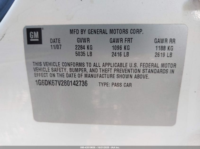 2008 Cadillac Sts V6 VIN: 1G6DK67V280142736 Lot: 43515638