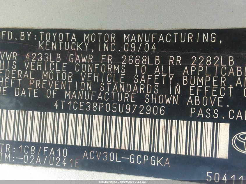 2005 Toyota Camry Solara Sle VIN: 4T1CE38P05U972906 Lot: 43515653