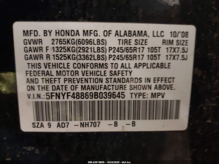 2009 Honda Pilot Touring VIN: 5FNYF48869B039645 Lot: 43515655