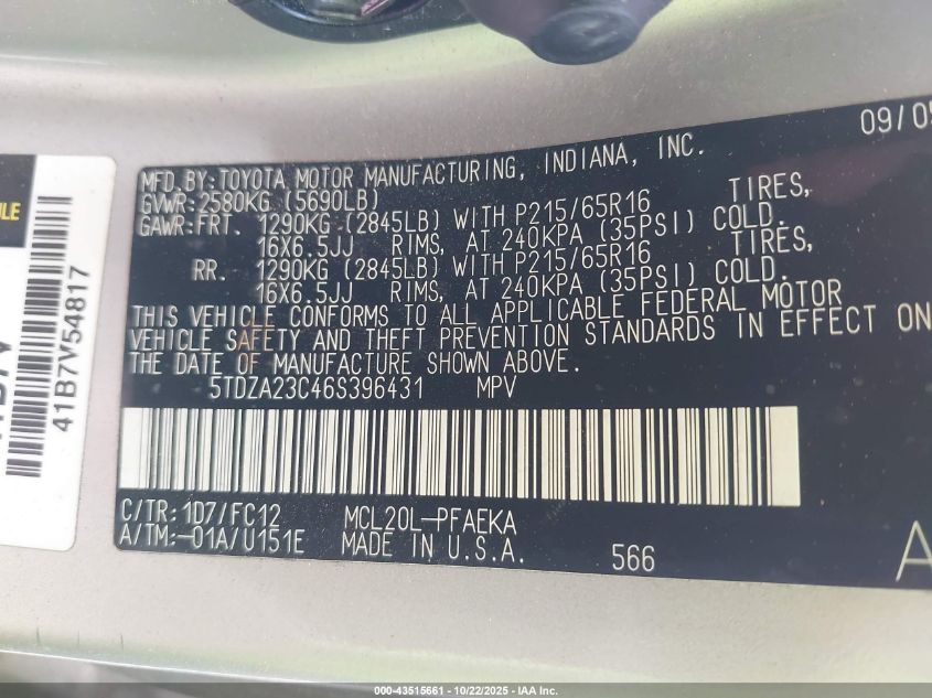 2006 Toyota Sienna Le VIN: 5TDZA23C46S396431 Lot: 43515661