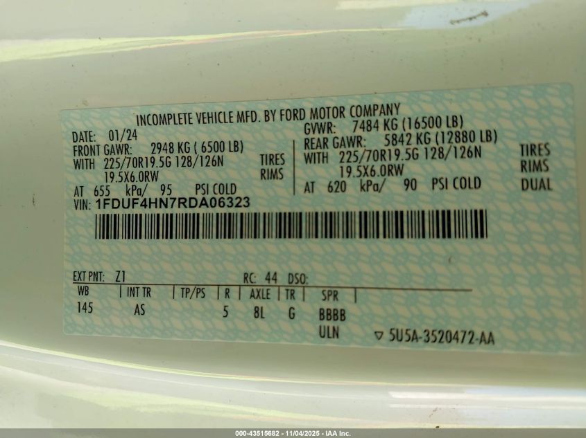 2024 Ford F-450 Chassis Xl VIN: 1FDUF4HN7RDA06323 Lot: 43515682
