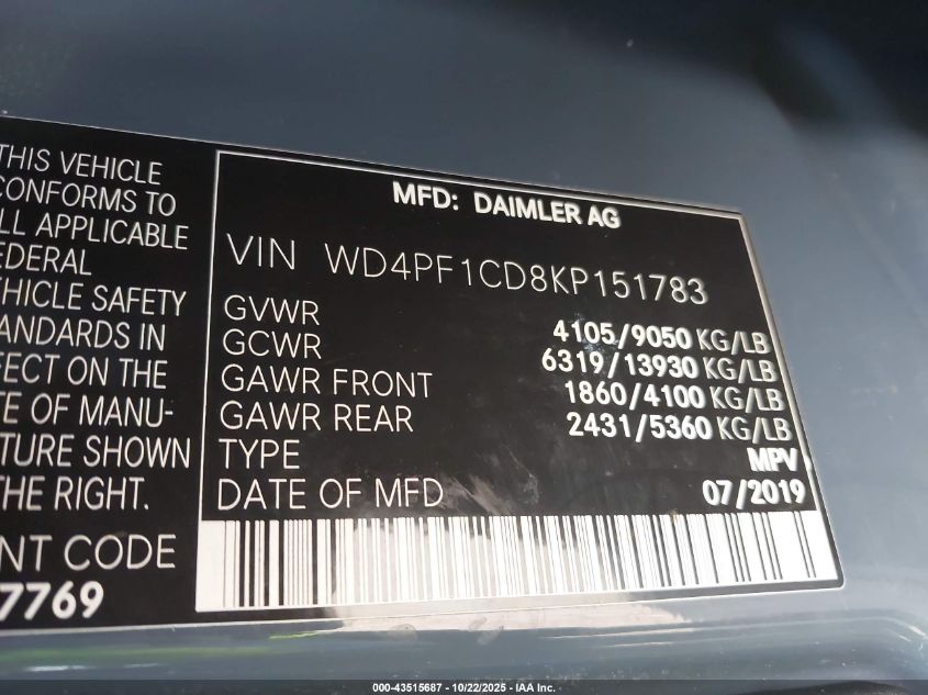 2019 Mercedes-Benz Sprinter 2500 High Roof V6 VIN: WD4PF1CD8KP151783 Lot: 43515687