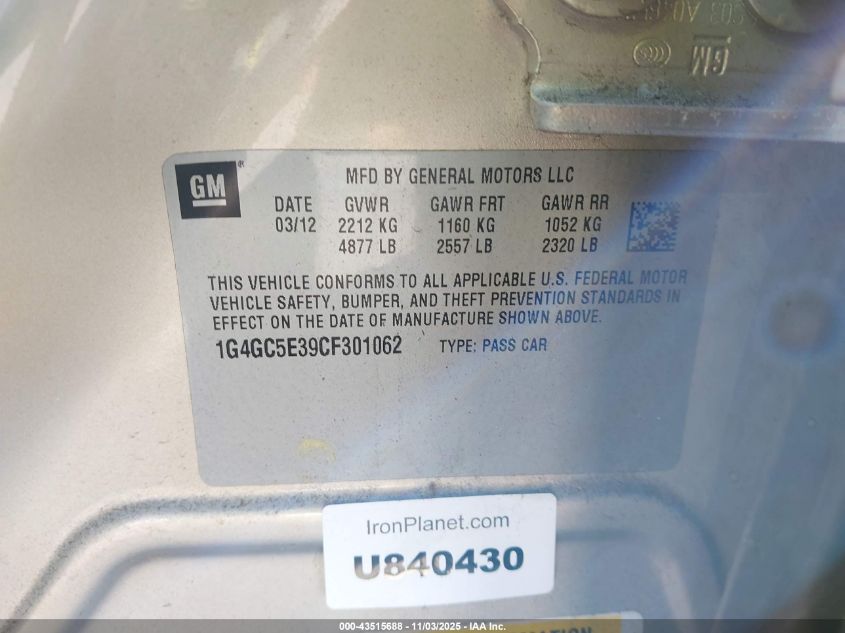 2012 Buick Lacrosse Leather Group VIN: 1G4GC5E39CF301062 Lot: 43515688