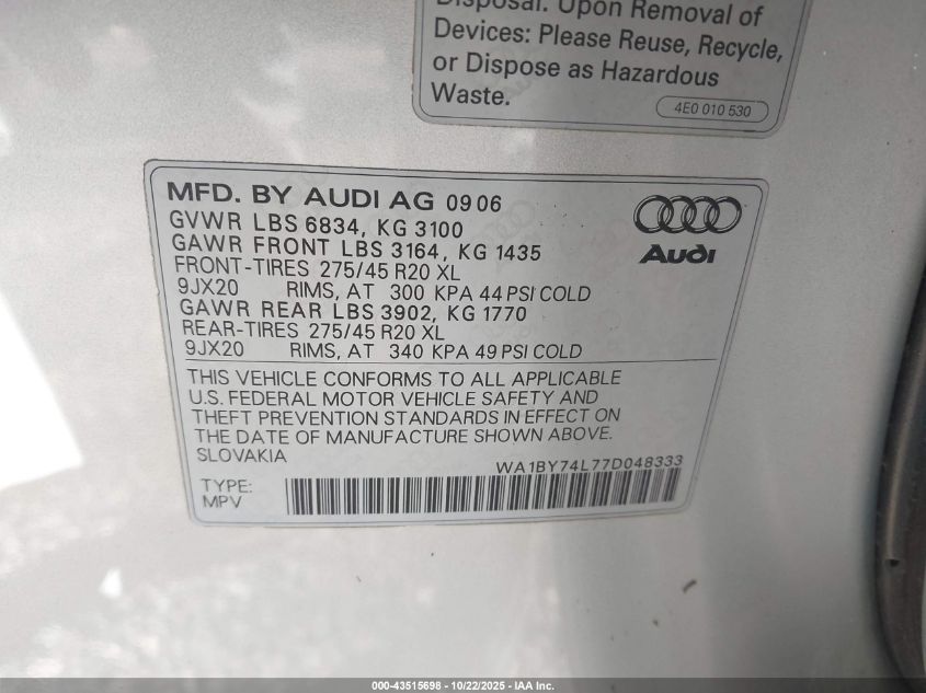 2007 Audi Q7 3.6 Premium VIN: WA1BY74L77D048333 Lot: 43515698
