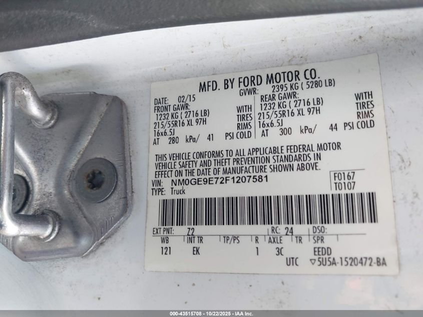 2015 Ford Transit Connect Xl VIN: NM0GE9E72F1207581 Lot: 43515708