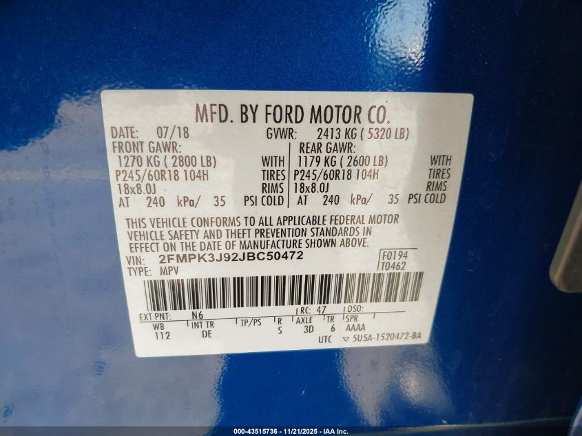 2018 Ford Edge Sel VIN: 2FMPK3J92JBC50472 Lot: 43515736